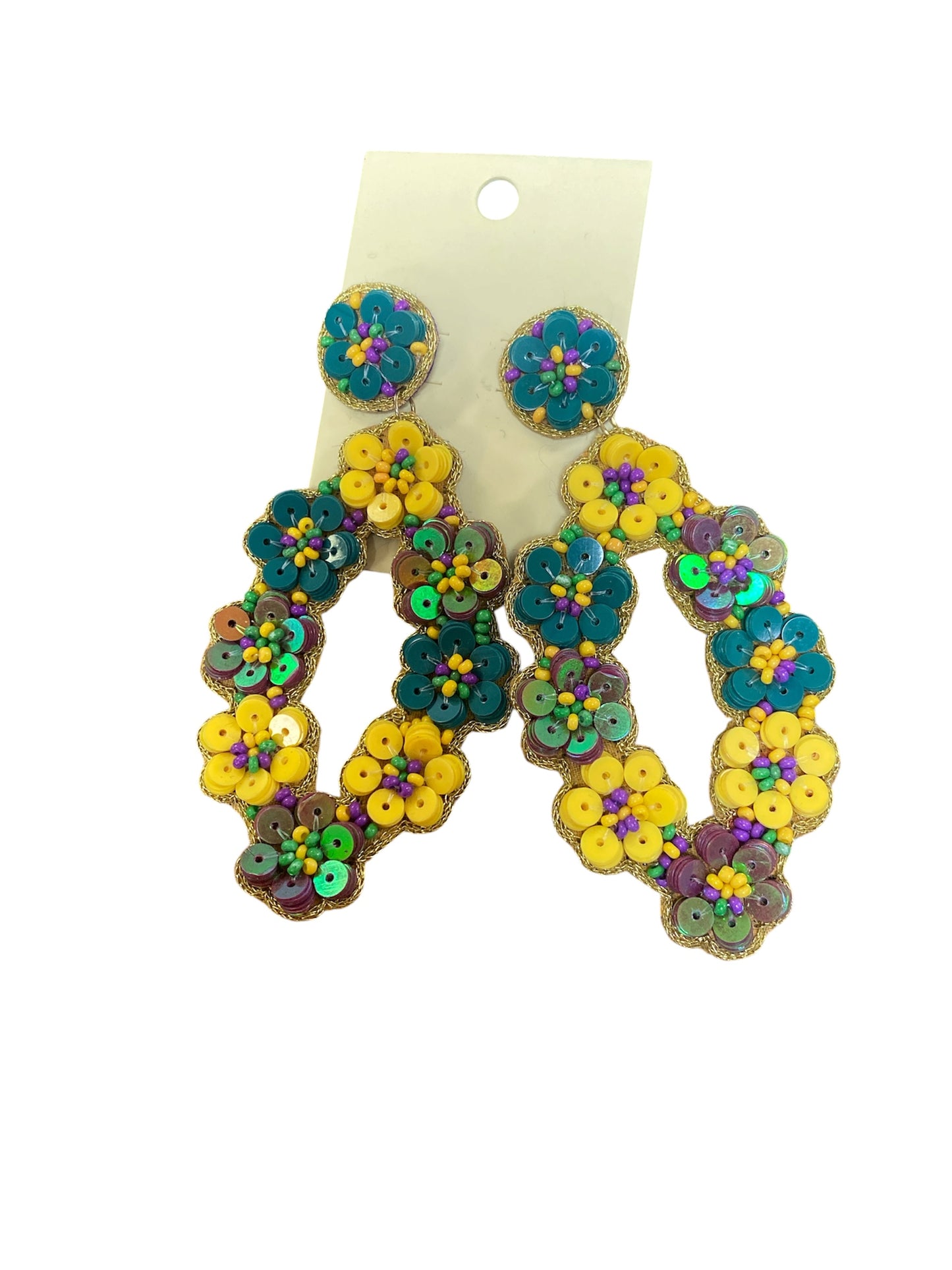 Beaded Flower Oval Earrings