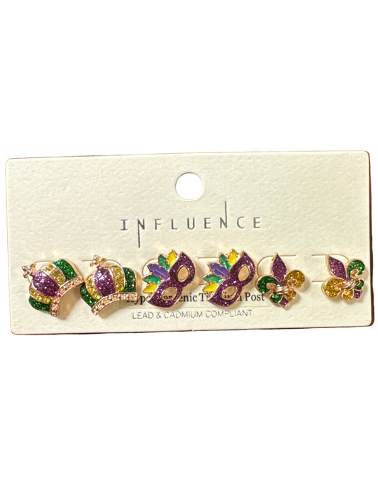 Mardi Gras Post Earrings Set of 3