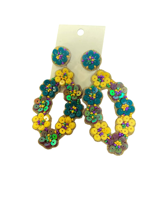 Beaded Flower Oval Earrings